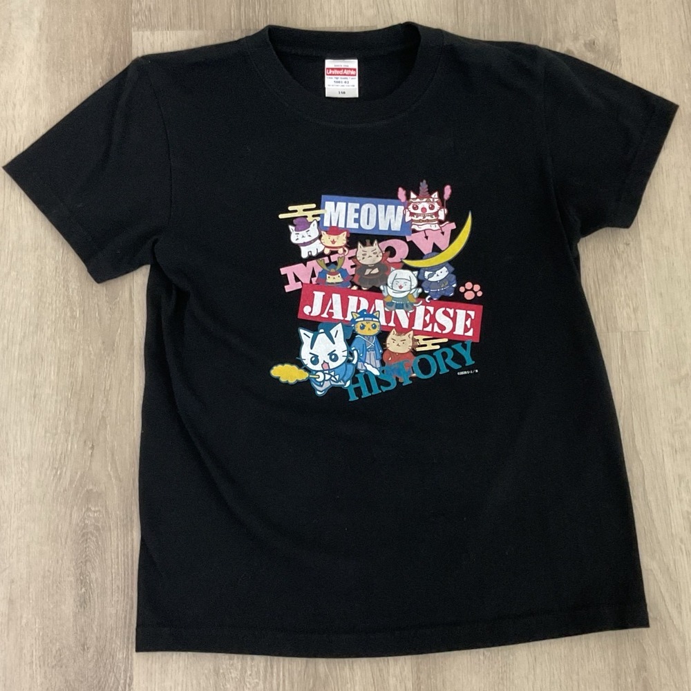 United Athle Meow Meow Japanese History Kids Graphic T-Shirt Black Size 150